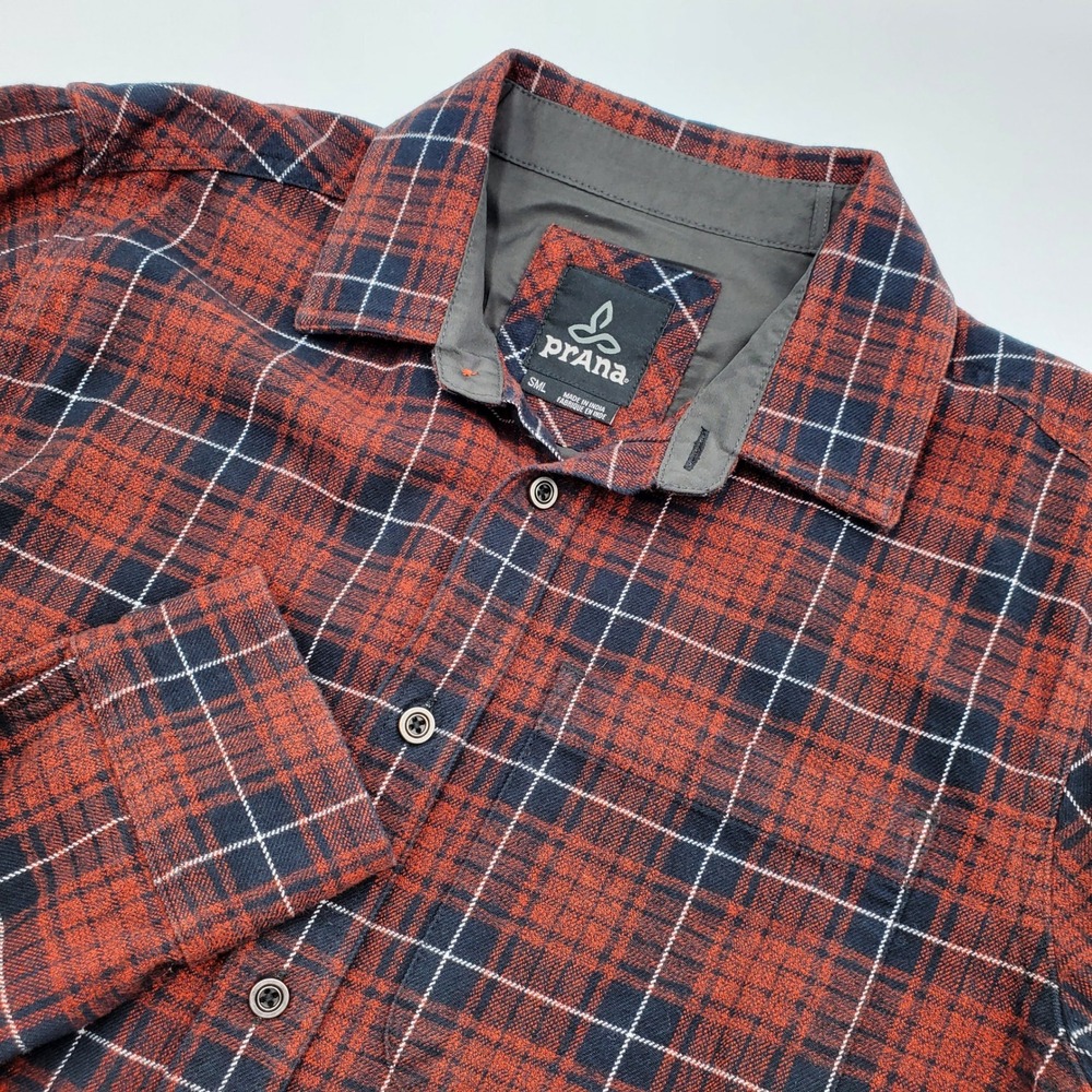 Prana Mens Small Plaid Flannel Button Down Shirt Rust Orange Navy Long Sleeve